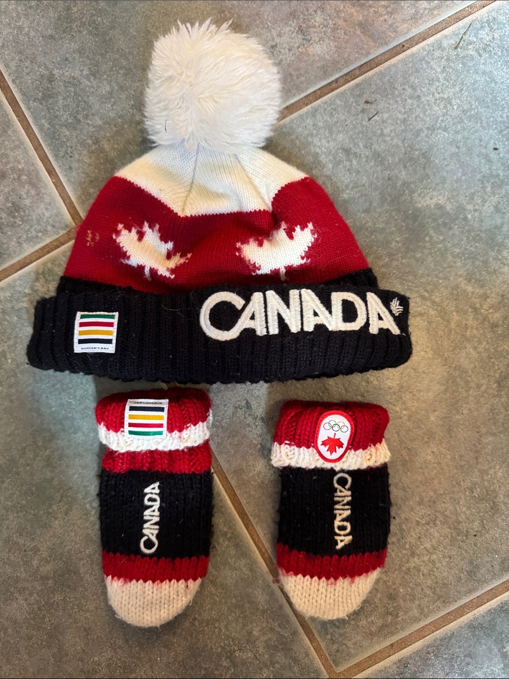 Canada Kids Pom Beanie and Mittens Set - Red, White, Black